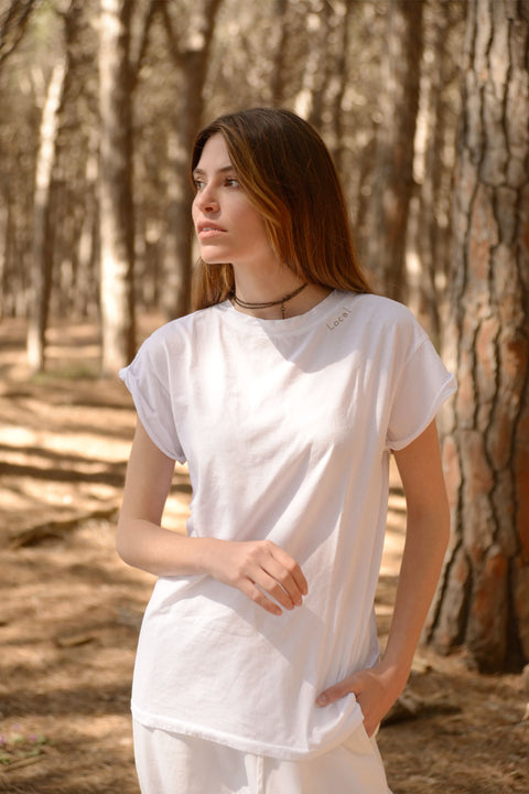 GRETA - T-shirt in cotone organico con scollo tondo, colore bianco