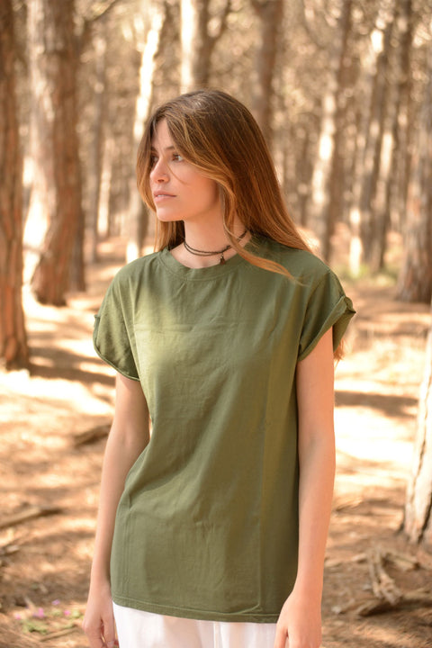 GRETA - T-shirt in cotone organico con scollo tondo, colore militare