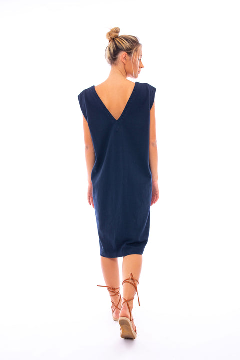 ELGA - Open back midi sleeveless v-neck dress in knit jersey with shoulder pads - Local Apparel