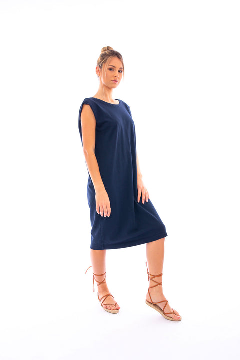 ELGA - Open back midi sleeveless v-neck dress in knit jersey with shoulder pads - Local Apparel