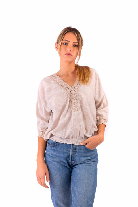 KATRIN - Embroidered elastic waist v-neck shirt - Local Apparel