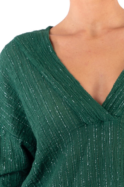 LUNA - V-neck lurex striped cotton shirt - Local Apparel